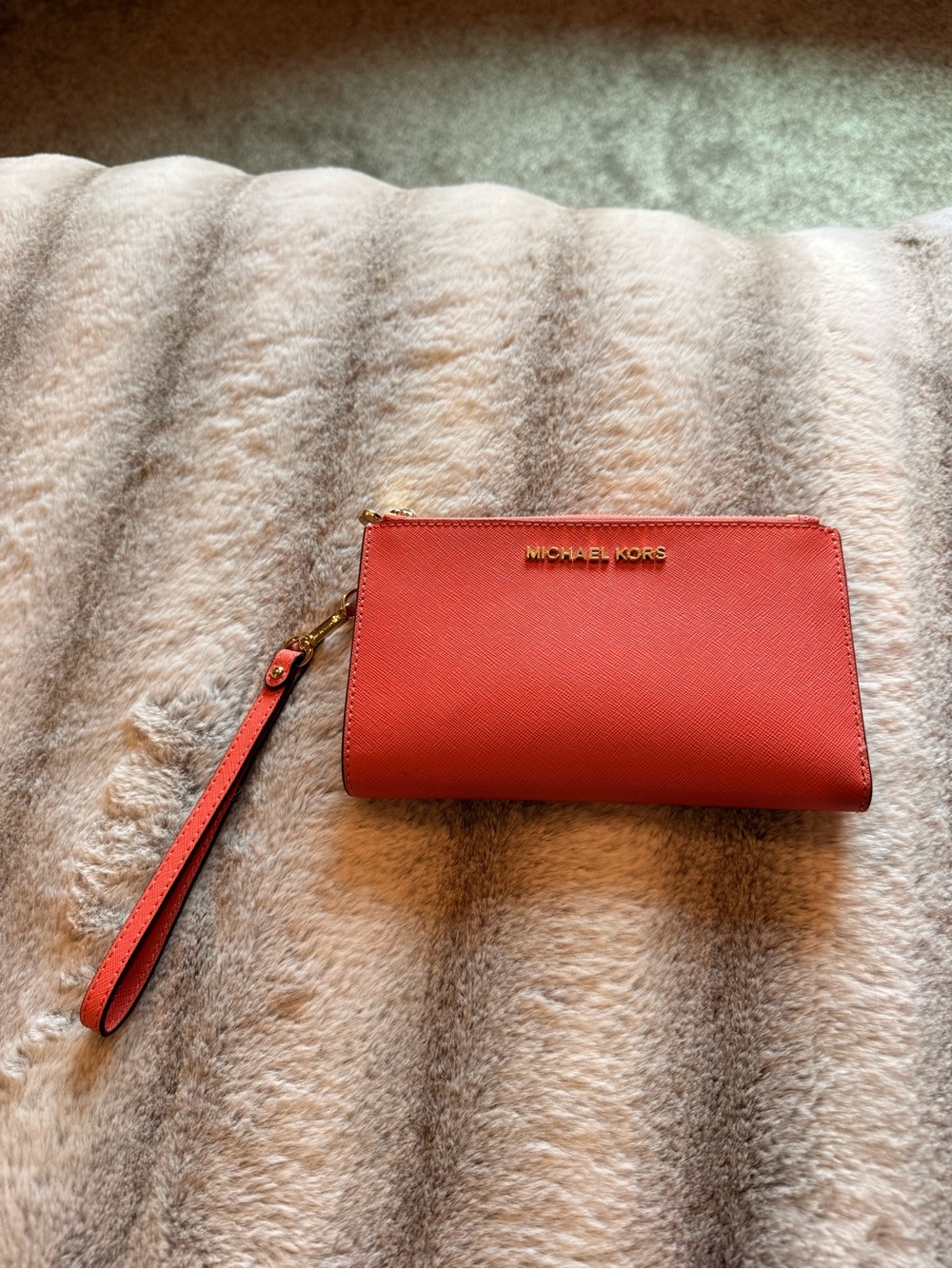 Michael Kors Coral-Red Wristlet Clutch with Gold Logo
